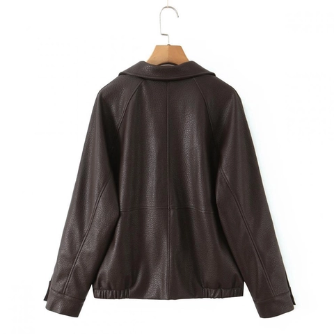Women PU Leather Jacket Double Breasted Loose Fit Lapel Collar Long Sleeve Vintage Casual Streetwear Polyester Blend