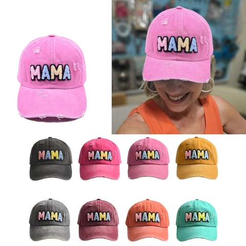 Washed Cotton Baseball Cap Distressed Ripped Hat With Colorful Chenille MAMA Embroidery Adjustable For Women Vintage