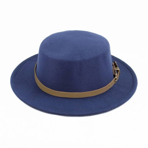 Vintage Flat Top Boater Hat Wide Brim Polyester Felt Jazz Cap With Leather Belt Buckle Decoration Elegant British Style