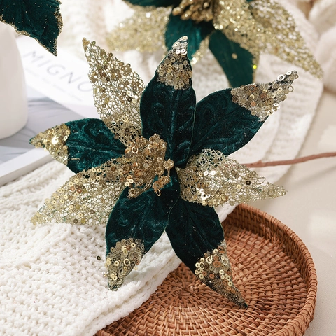 Artificial Christmas Poinsettia Flower Dark Green Velvet With Gold Sequins Glitter Mesh For Holiday Tree Home Decor