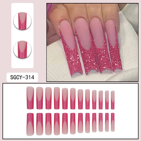Extra Long Square Press On Nails Pink Glitter French Tip Glossy Fake Nails Fashion Manicure For Women Girls Accessory