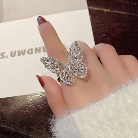 Butterfly Open Ring Copper With Zircon Hollow Sparkling Wings Adjustable Elegant Finger Jewelry For Women Vintage Gift