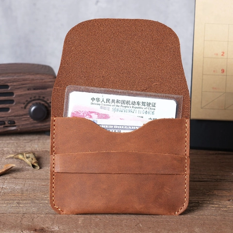 Vintage Genuine Cowhide Leather Card Holder Slim Handmade Crazy Horse Leather Card Case Wallet For Men Retro Style