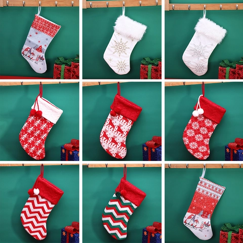 Christmas Stockings Burlap Knitted 3D Santa Snowman Reindeer Gnome Embroidery Hanging Holiday Fireplace Decor Gift Bags