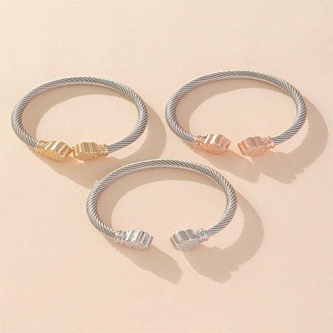 Stainless Steel Cable Cuff Bracelet Twisted Rope Adjustable C-Shaped Bangle Flower Rhinestone Vintage Women Gift