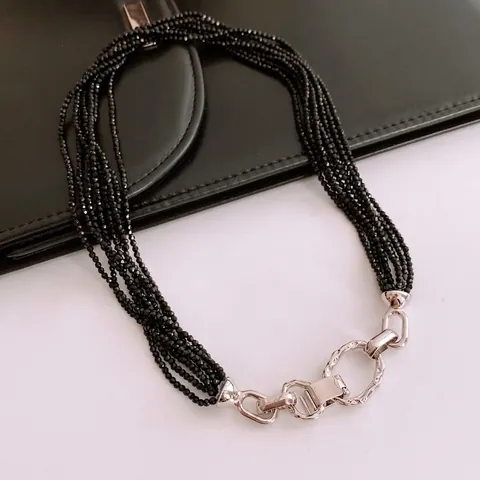Multi Strand Black Glass Beaded Necklace With Silver Alloy Hammered Clasp Retro Light Luxury Layered Clavicle Chain Women