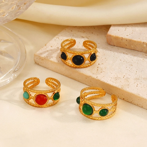 Retro Böhmischer Verstellbarer Offener Ring 18K Vergoldeter Edelstahl Bunter Harz Edelstein Geometrischer Schmuck Damen