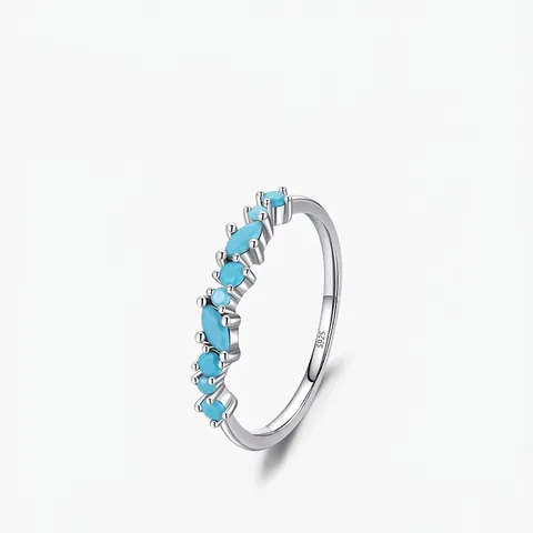 925 Sterling Silver Ring Wave Design Turquoise Blue Zircon Marquise Round Cut Minimalist Jewelry For Women