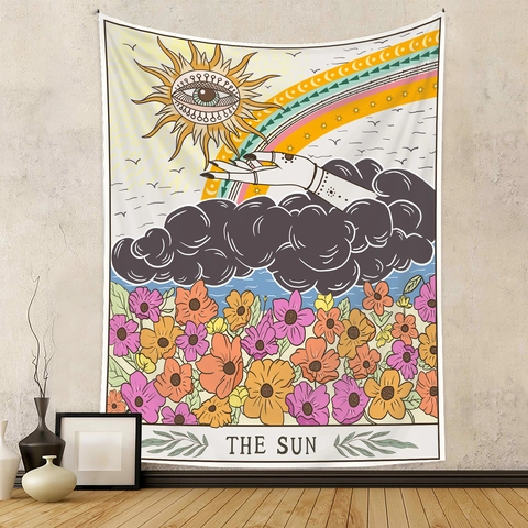 Tenture Murale Tapisserie Carte De Tarot Bohème Soleil Lune Étoile Mystique Tissu Polyester Décoration Pour Chambre Salon