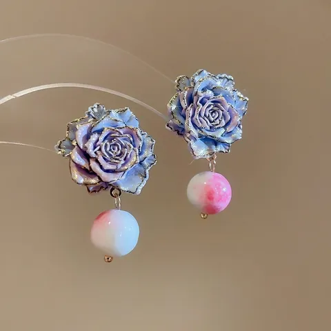 French Retro Rose Flower Earrings With 925 Sterling Silver Earring Post Gradient Marble Glass Beads Elegant Women Jewelry