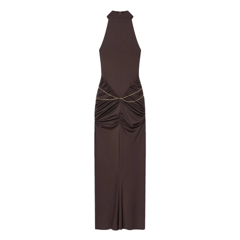 Halfter Nacken Maxikleid Damen Gerafft Eng Anliegend Ärmellos Schokoladenbraun Polyester Goldene Kette Taille Dekor