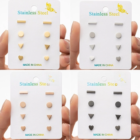 Pendientes De Botón Geométricos De Acero Inoxidable Formas Corazón Círculo Triángulo Barra Para Mujer