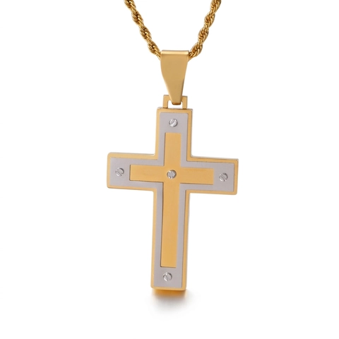 Cross Pendant Necklace Stainless Steel Bicolor Gold Silver Screw Decor Hiphop Industrial Retro Style Jewelry For Men