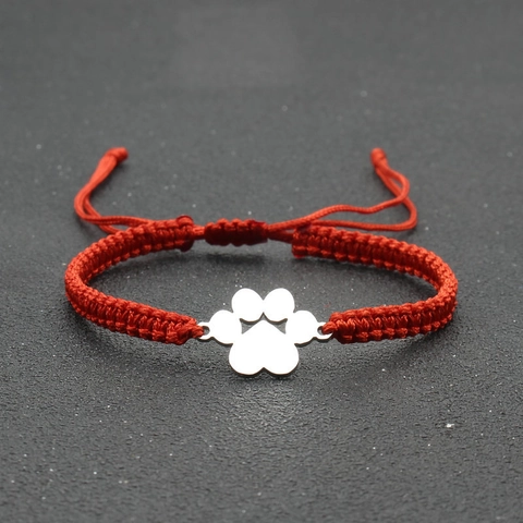Handmade Woven Bracelet Stainless Steel Paw Print Charm Adjustable Lucky Rope Minimalist Animal Footprint Jewelry For Unisex