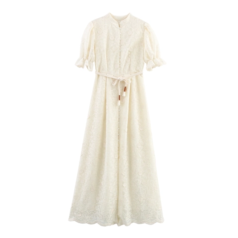 French Holiday Style Ivory Floral Lace Maxi Dress With Artificial Pearl Buttons Short Puff Sleeves And Braided Belt For Women