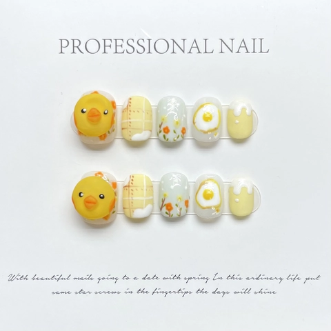 Uñas Postizas Hechas A Mano Press On Lindo Pollo De Resina 3D Patrón De Cuadros Floral Uñas Artificiales Brillantes