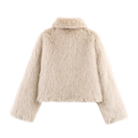 Women Faux Fur Jacket Shaggy Plush Coat Zipper Lapel Solid Color Casual Winter Short Outerwear