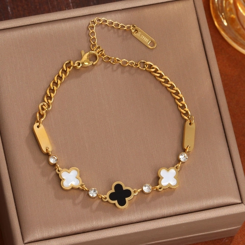 Edelstahl Vierblättriges Kleeblatt Armband Für Damen 18 Karat Vergoldet Strass Eingelegt Verstellbarer Modeschmuck