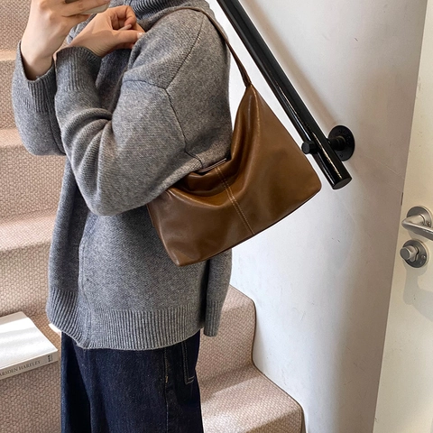 Retro Large Capacity PU Leather Hobo Shoulder Bag For Women Vintage Stitching Crossbody Tote With Adjustable Strap