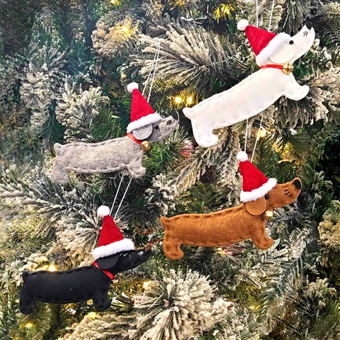 Ornamento Per Albero Di Natale Pendente In Feltro Cane Bassotto Con Cappello Rosso Campanello Dorato Decorazione Festa