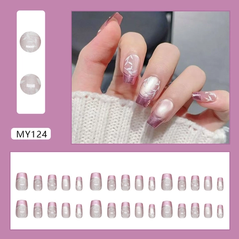 Uñas Postizas French Tip Esmalte Morado Efecto Ojo De Gato Magnético Patrón Hojas Blancas Forma Ataúd ABS Brillantes