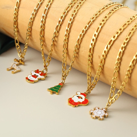 Collana con Ciondolo Babbo Natale Renna Pupazzo di Neve in Acciaio Inossidabile per Donna Gioielli Natalizi in Smalto Oro