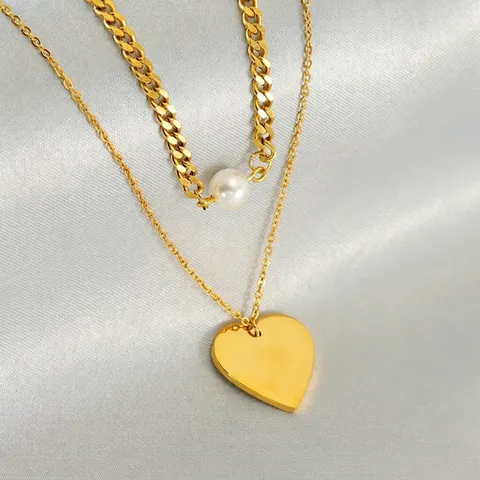 Collana Strati Acciaio Inossidabile 304 Placcato Oro 18K Pendente Cuore Perla Artificial Bianca Catena Clavicicola Donna Elegante