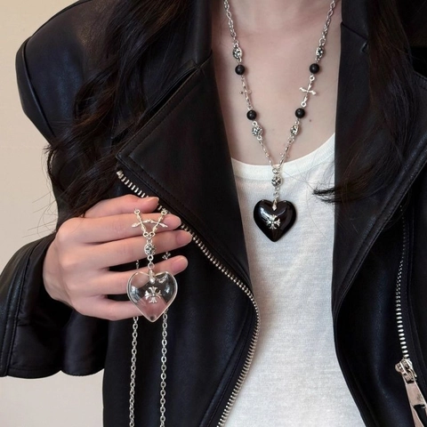 Collier Pendentif Cœur Croix Gothique Avec Perles En Pierre Alliage Style Punk Rétro Bijoux De Mode Pour Femmes