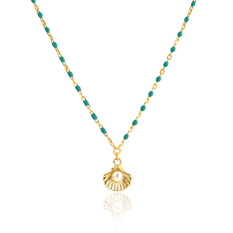 925 Sterling Silver Shell Artificial Pearl Pendant Necklace Dainty Clavicle Chain With Green Beads Beach Style Jewelry For Women