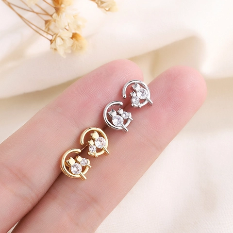 Koperen Oorknopjes Zirkonia Maan Kat Dier Ontwerp Klein Delicaat Zoet Minimalistisch Sieraden Cadeau Voor Dames