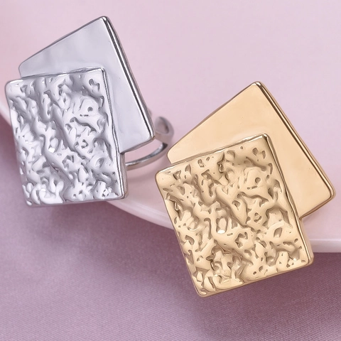 Minimalist 304 Stainless Steel Open Ring For Women Men Gold Silver Plated Hammered Texture Square Geometric Finger Ring Jewelry