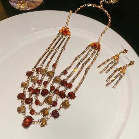 Gioielli Stile Palazzo Collana Multistrato Con Strass E Orecchini A Frange Lega Con Perno In Argento
