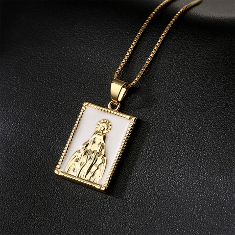 Virgin Mary Pendant Necklace Rectangular 18K Gold Plated Copper Enamel Religious Icon Clavicle Chain Jewelry For Women