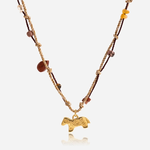 Böhmische Edelstahl Halskette Bunte Steine Gold Pferd Anhänger Handgefertigte Geflochtene Seilkette Vintage Damen Schmuck