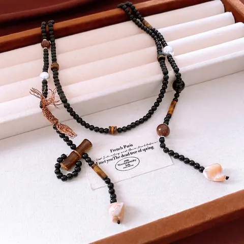 Collar De Cuentas De Vidrio Ojo De Tigre Con Colgante De Perla Artificial Concha Bambú Cadena Larga De Jersey Joyería Retro