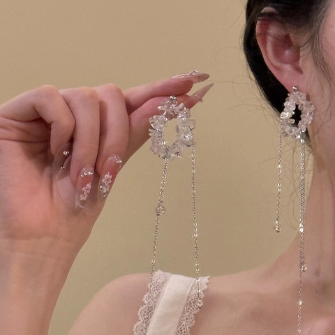 Irregular Crystal Geometric Circle Drop Earrings With Silver Earring Post Long Chain Tassel Elegant Jewelry For Women