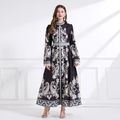 Vestito Lungo Maxi Stampa Paisley Retrò Collo Alto Polsini Pizzo Maniche Lunghe Cintura Elegante Stile Palazzo Donna