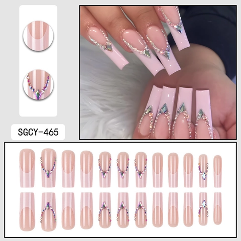 Lange Coffin Press On Nagels Lichtroze French Tip Steentjes Edelsteen Luxe Modieuze Kunstnagels Voor Dames