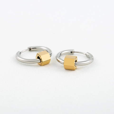 Minimalist Stainless Steel Hoop Earrings With Geometric Cube Pendant Two-Tone Gold Silver Punk Trendy Unisex Earrings Jewelry