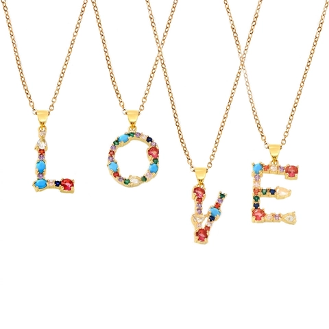 Collier Pendentif Lettre Alphabet Cuivre Zircon Coloré Chaîne En Acier Titane Plaqué Or Bijoux Hip Hop Minimalistes Femmes