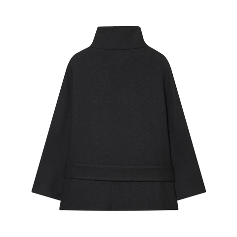 Veste Courte En Mélange De Laine Pour Femmes Col Montant Style Cape Manteau Noir Avec Boutons Dorés Et Ceinture