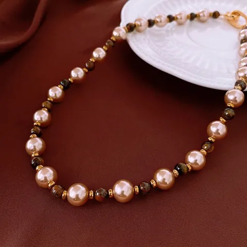 Retro Artificial Pearl And Tiger Eye Stone Beaded Necklace Gold Plated Copper Elegant Round Beads Vintage Style Sweater Chain For Women