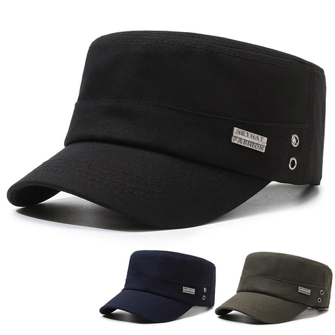 Gorra Cadet Hombre Algodón Flat Top Sombrero Militar Ajustable Exterior Pesca Protección Solar Moda Casual Color Sólido Metal