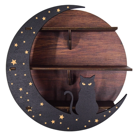 Wooden Moon Wall Shelf Crystal Display Rack Bohemian Moon Phase Cat Wolf Moth Pattern Storage Holder Home Decor