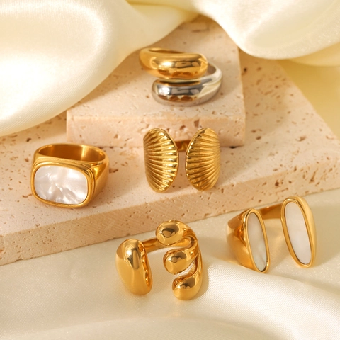 Roestvrijstalen Open Ring Kunstparelmoer Schelp Inlay Geometrisch Zirkoon Waterdicht Sieraden Voor Dames Vintage Minimalistisch