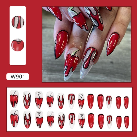 Mandel Drucknägel Rot Silber Glitzer Comic Pop Art Stil Flammen Kirschmuster Halloween Gothic Party Kunststoff