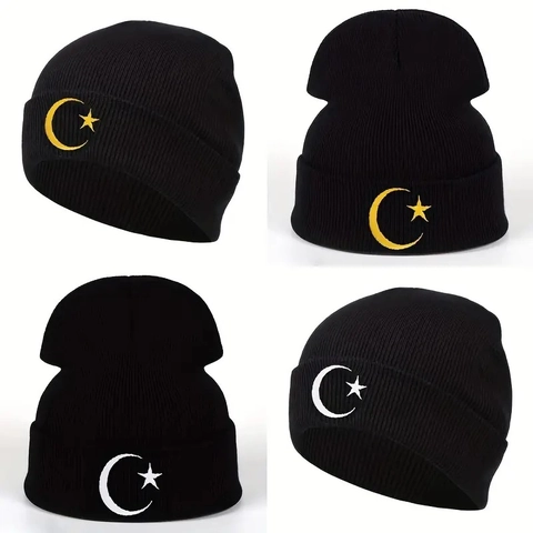 Moon Star Embroidery Knitted Beanie Hat Warm Winter Acrylic Cuffed Skull Cap For Men Women Casual Outdoor