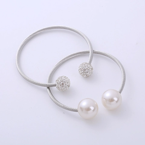 304 Stainless Steel Twisted Wire Open Bangle Bracelet With Faux Artificial Pearl And Rhinestone Ball Elegant Jewelry For Women