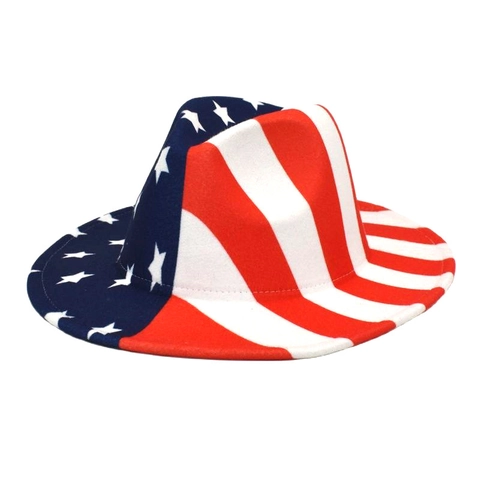Cappello Fedora In Feltro Di Lana Bandiera USA Stelle E Strisce Modello Tesa Larga Ombrellone Jazz Cap Festa Accessorio