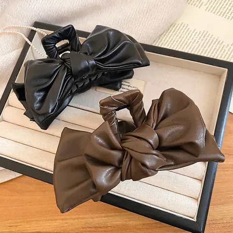 Pinza De Pelo Con Lazo De Cuero PU Grande Estilo Francés Vintage Elegante Shark Clip Para Mujeres Accesorios Cabello